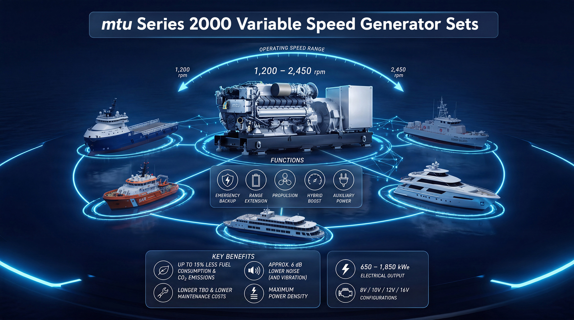 Rolls-Royce is expanding its range of marine propulsion systems with standardised, variable-speed mtu generator sets based on the Series 2000.Rolls-Royce ergänzt sein Antriebsportfolio für Schiffe mit standardisierten drehzahlvariablen mtu-Antriebsaggregaten auf Basis der Baureihe 2000. 