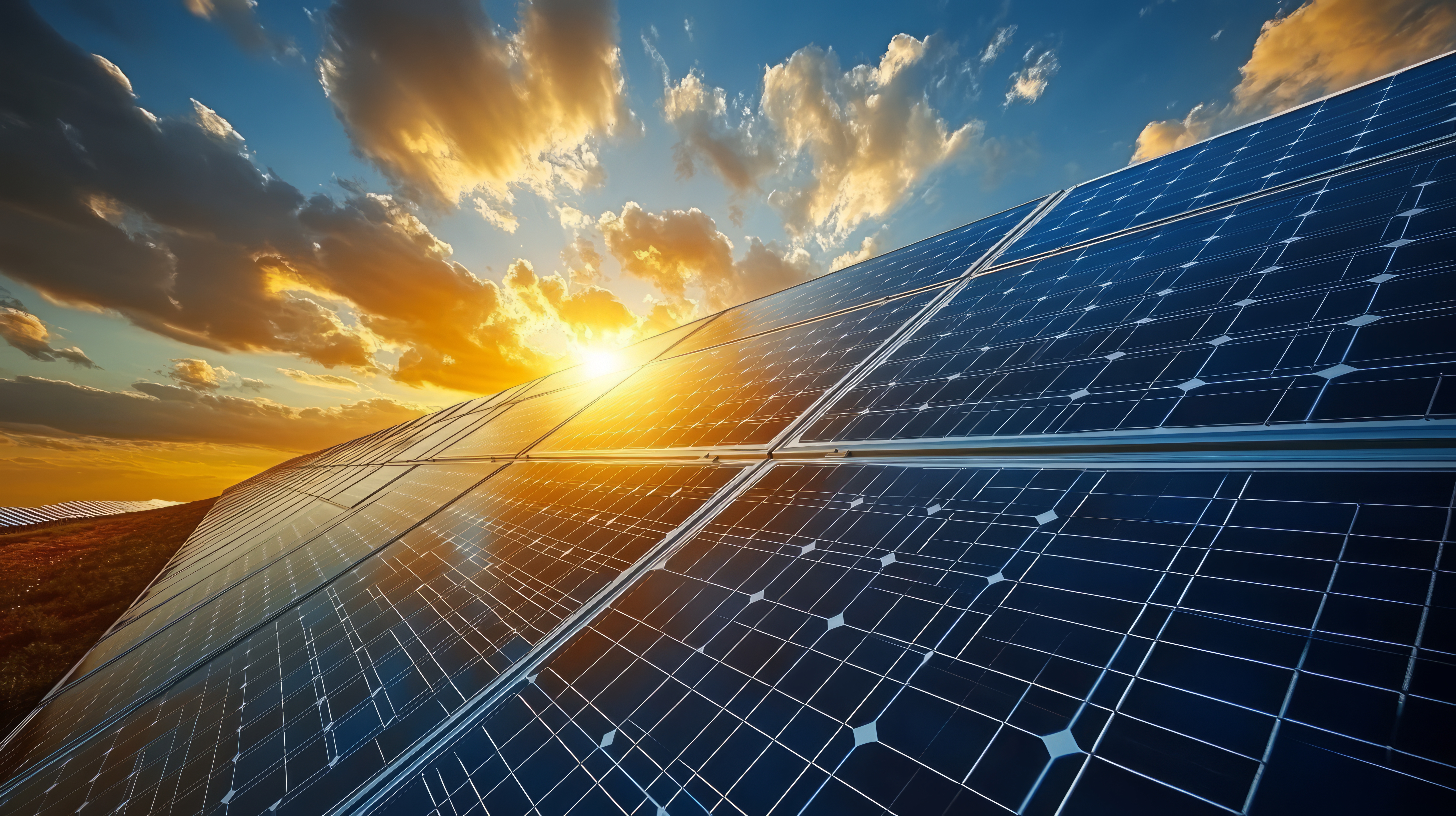 Golden light spills over solar panels, reflecting the promise of clean energy while clouds dance in the beautiful morning sky